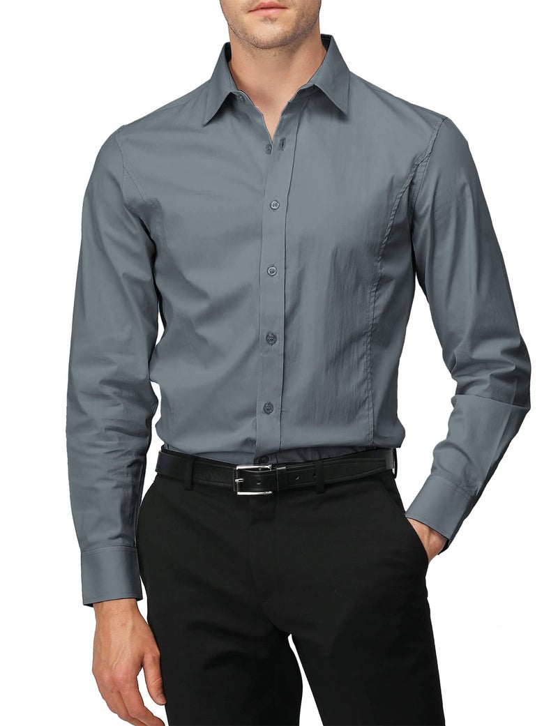 H2H Mens Wrinkle Free Slim Fit Dress shirts with Solid Long Sleeve GRAY US L (Asia XXL) (JASK 14) - Image 1